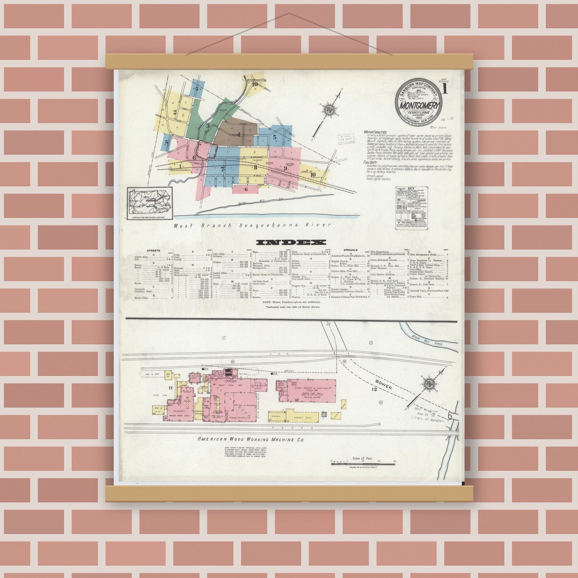 Old map wall art mockup — magnetic wood frame on brick wall — Sanborn Fire Insurance Map from Montgomery, Lycoming County, Pennsylvania (1920), Sheet #0001