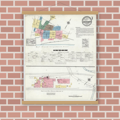Old map wall art mockup — magnetic wood frame on brick wall — Sanborn Fire Insurance Map from Montgomery, Lycoming County, Pennsylvania (1920), Sheet #0001