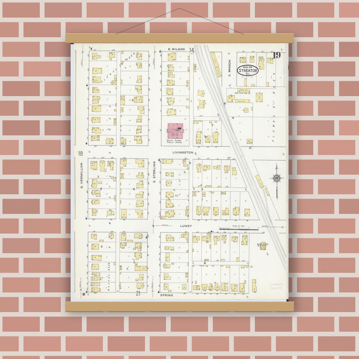 Old map wall art mockup — magnetic wood frame on brick wall — Sanborn Fire Insurance Map from Streator, La Salle County, Illinois (1916), Sheet #0019