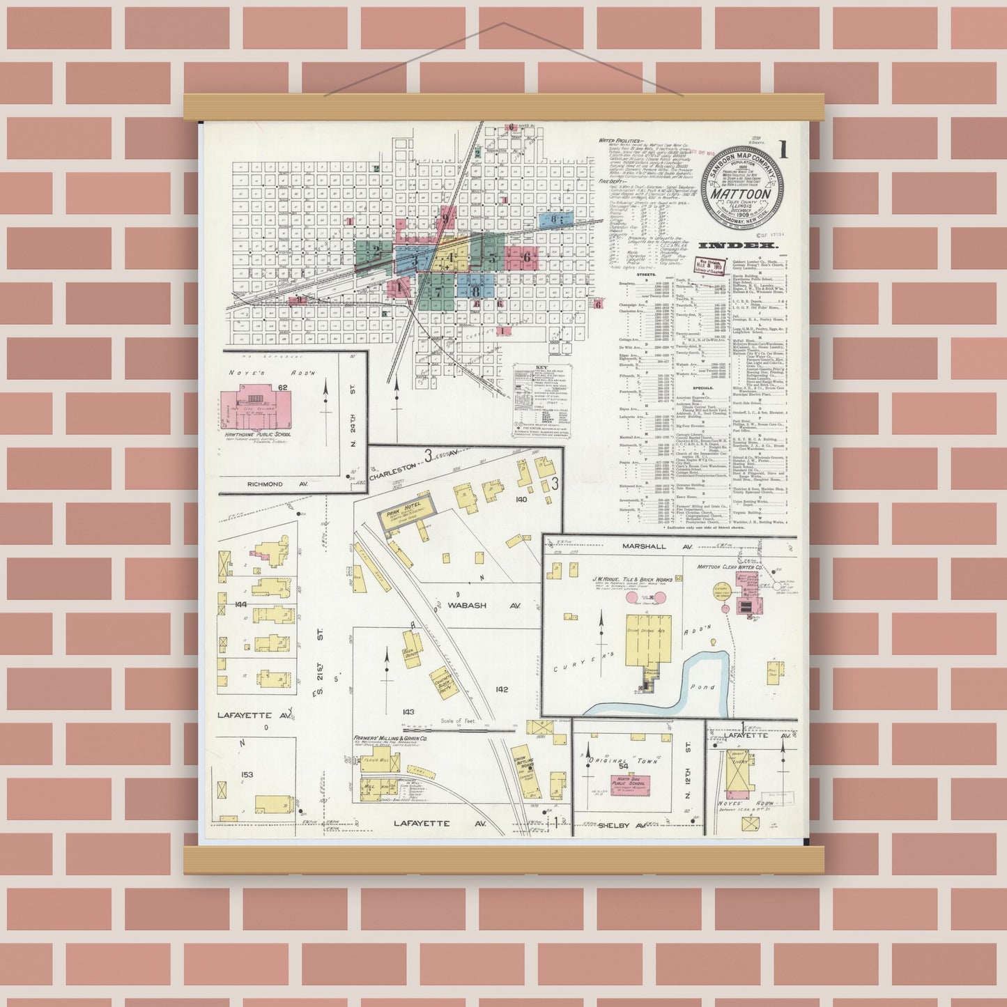 Old map wall art mockup — magnetic wood frame on brick wall — Sanborn Fire Insurance Map from Mattoon, Coles County, Illinois (1909) - Complete Map Set