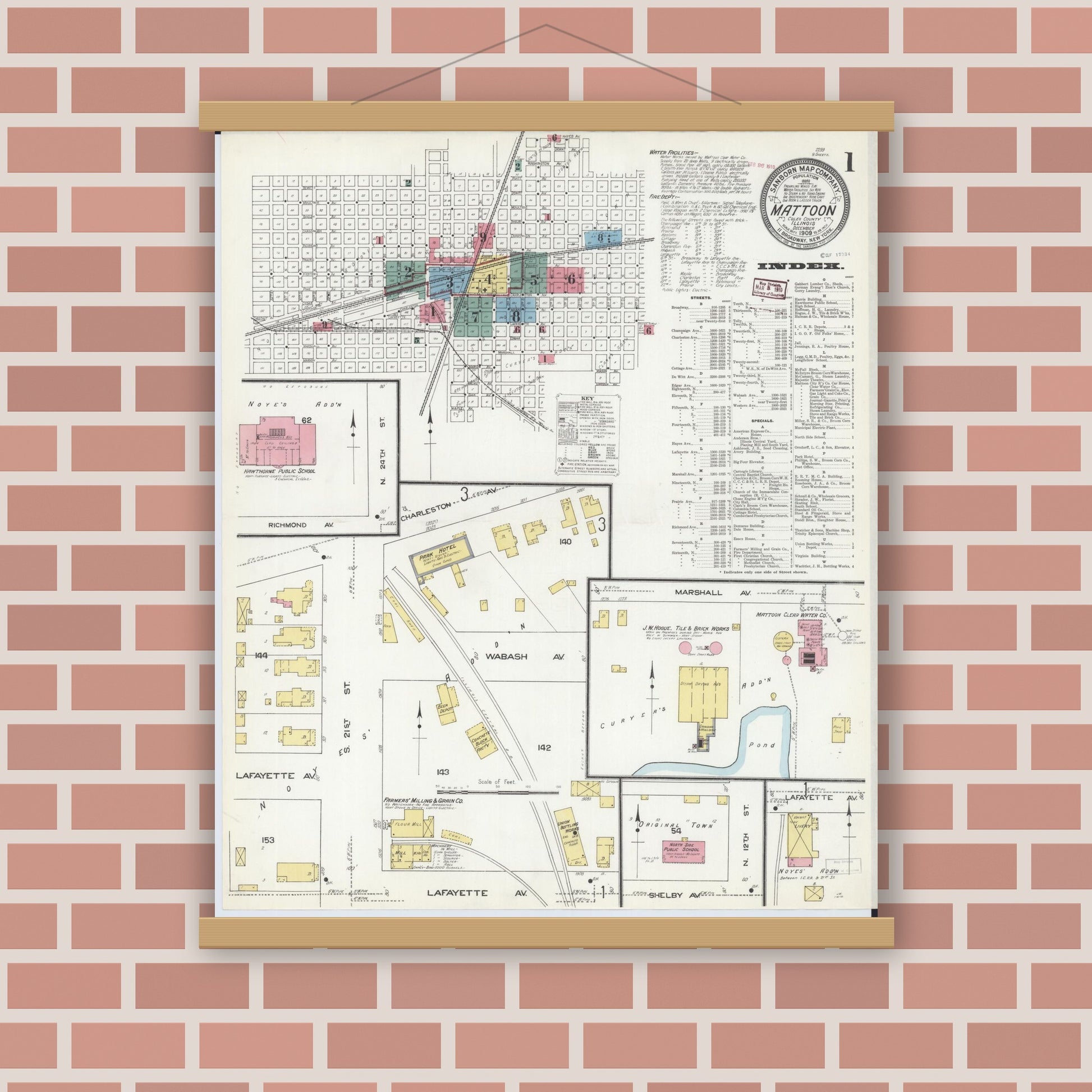 Old map wall art mockup — magnetic wood frame on brick wall — Sanborn Fire Insurance Map from Mattoon, Coles County, Illinois (1909) - Complete Map Set