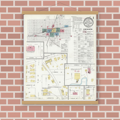 Old map wall art mockup — magnetic wood frame on brick wall — Sanborn Fire Insurance Map from Mattoon, Coles County, Illinois (1909) - Complete Map Set