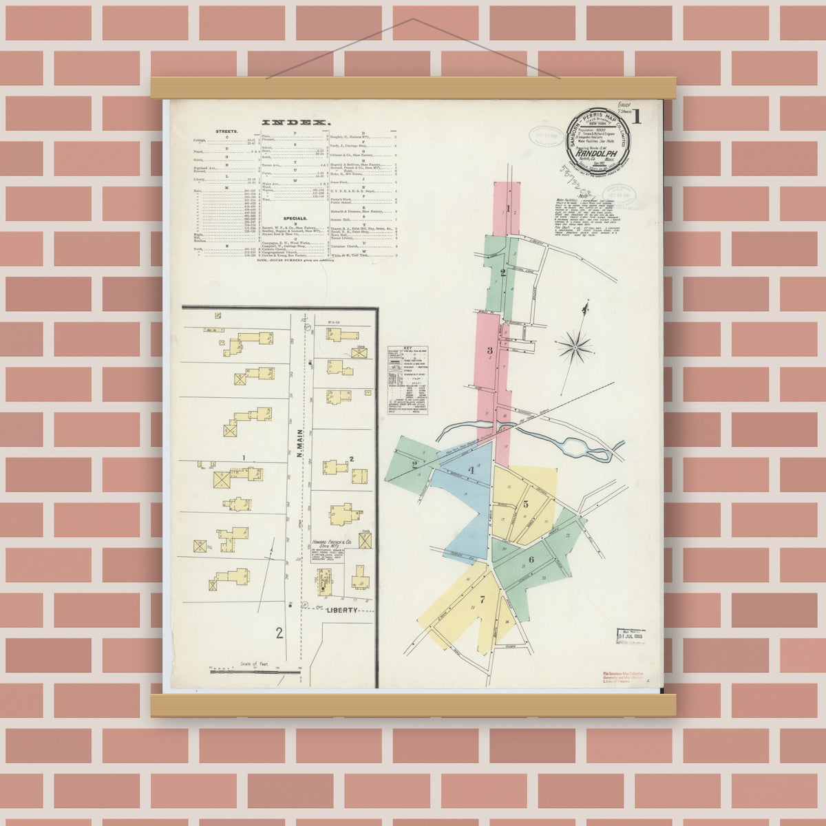 Old map wall art mockup — magnetic wood frame on brick wall — Sanborn Fire Insurance Map from Randolph, Norfolk County, Massachusetts (1897) - Complete Map Set