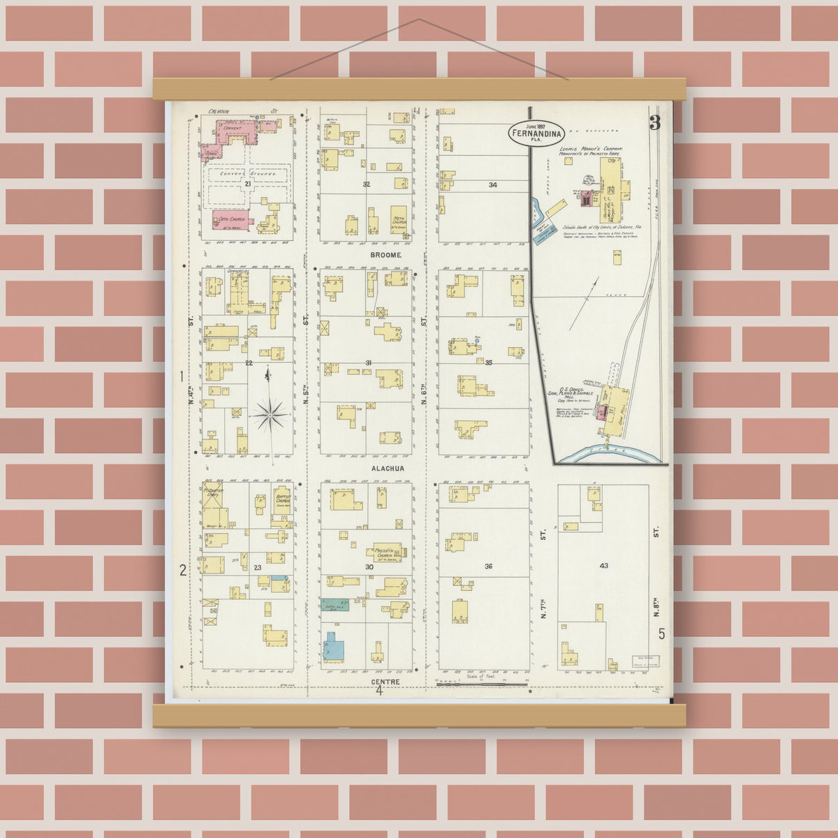 Old map wall art mockup — magnetic wood frame on brick wall — Sanborn Fire Insurance Map from Fernandina, Nassau County, Florida (1897), Sheet #0003