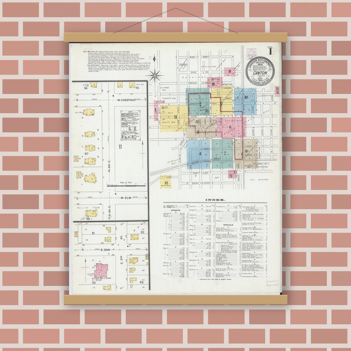 Old map wall art mockup — magnetic wood frame on brick wall — Sanborn Fire Insurance Map from Canton, Fulton County, Illinois (1902), Sheet #0001