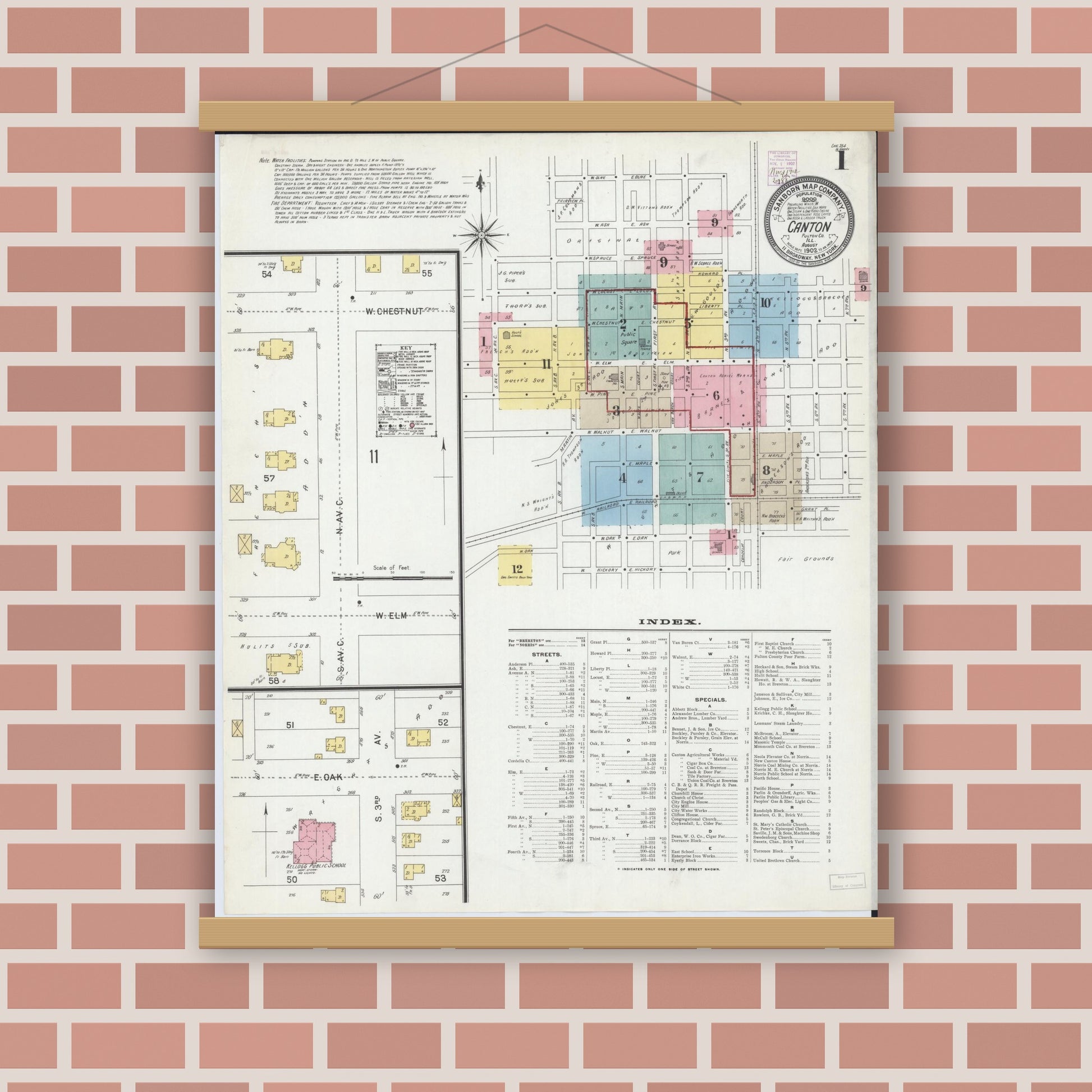 Old map wall art mockup — magnetic wood frame on brick wall — Sanborn Fire Insurance Map from Canton, Fulton County, Illinois (1902), Sheet #0001