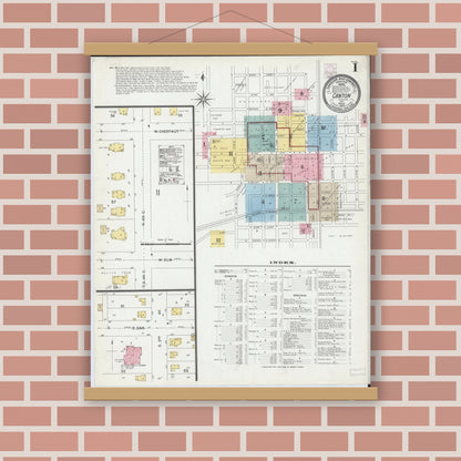Old map wall art mockup — magnetic wood frame on brick wall — Sanborn Fire Insurance Map from Canton, Fulton County, Illinois (1902), Sheet #0001