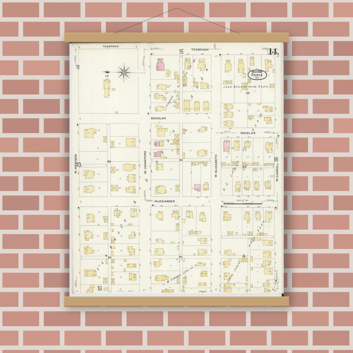 Old map wall art mockup — magnetic wood frame on brick wall — Sanborn Fire Insurance Map from Paris, Edgar County, Illinois (1908), Sheet #0014