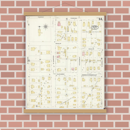 Old map wall art mockup — magnetic wood frame on brick wall — Sanborn Fire Insurance Map from Paris, Edgar County, Illinois (1908), Sheet #0014