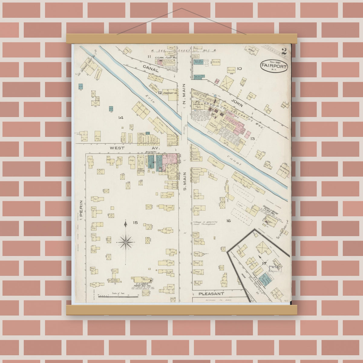 Old map wall art mockup — magnetic wood frame on brick wall — Sanborn Fire Insurance Map from Fairport, Monroe County, New York (1885), Sheet #0002