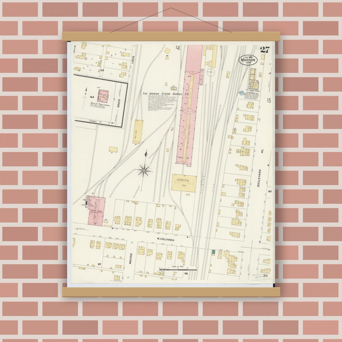 Old map wall art mockup — magnetic wood frame on brick wall — Sanborn Fire Insurance Map from Marion, Marion County, Ohio (1908), Sheet #0027