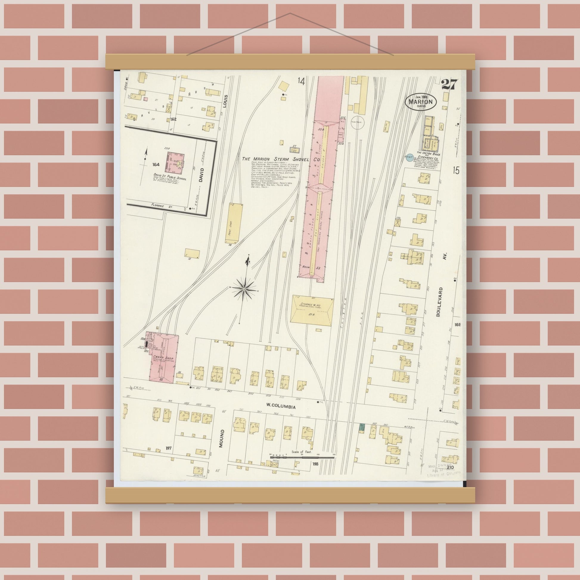 Old map wall art mockup — magnetic wood frame on brick wall — Sanborn Fire Insurance Map from Marion, Marion County, Ohio (1908), Sheet #0027