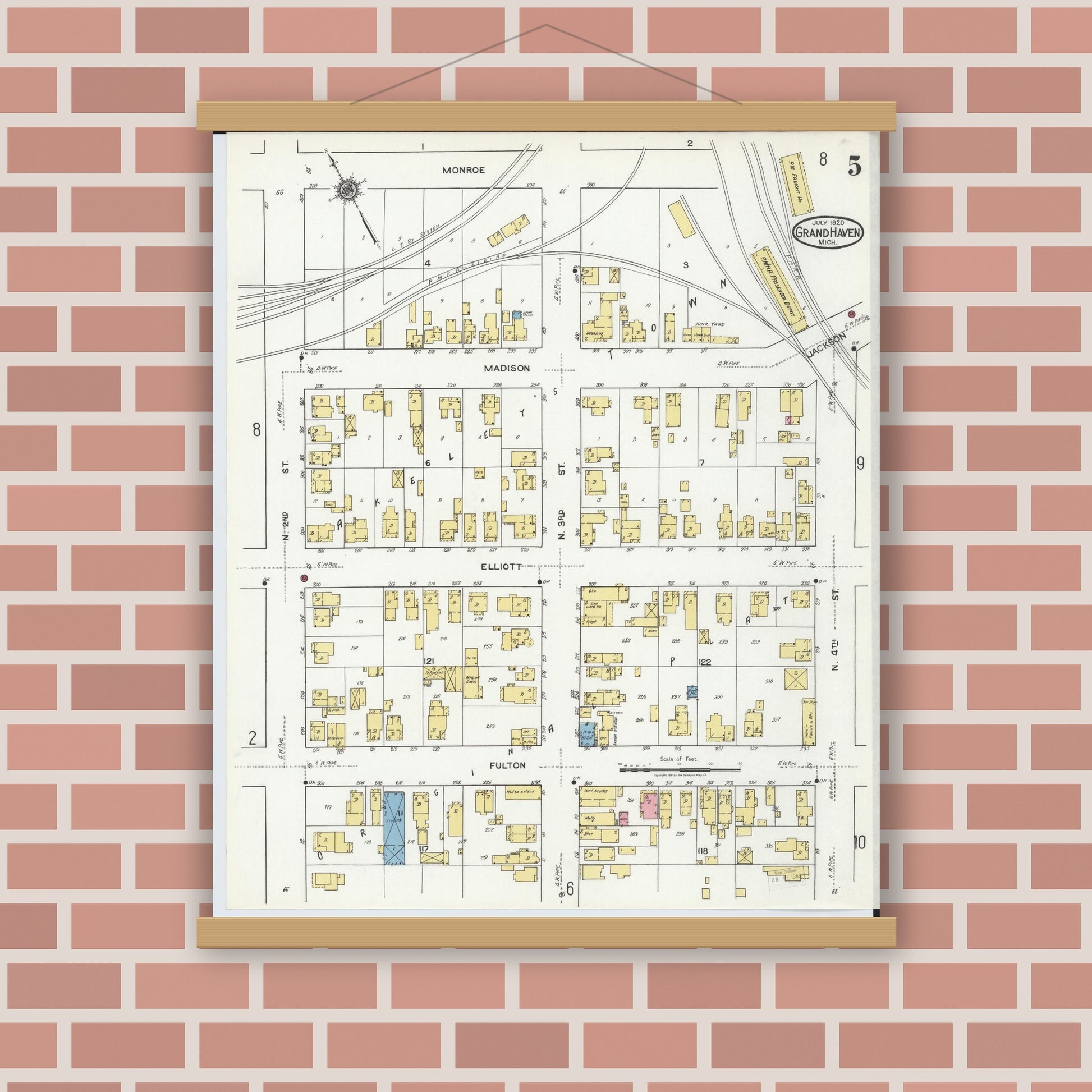 Old map wall art mockup — magnetic wood frame on brick wall — Sanborn Fire Insurance Map from Grand Haven, Ottawa County, Michigan (1920), Sheet #0005
