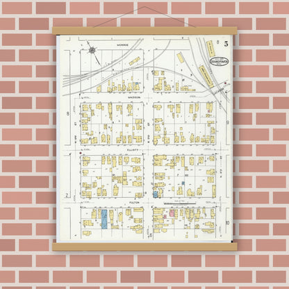 Old map wall art mockup — magnetic wood frame on brick wall — Sanborn Fire Insurance Map from Grand Haven, Ottawa County, Michigan (1920), Sheet #0005
