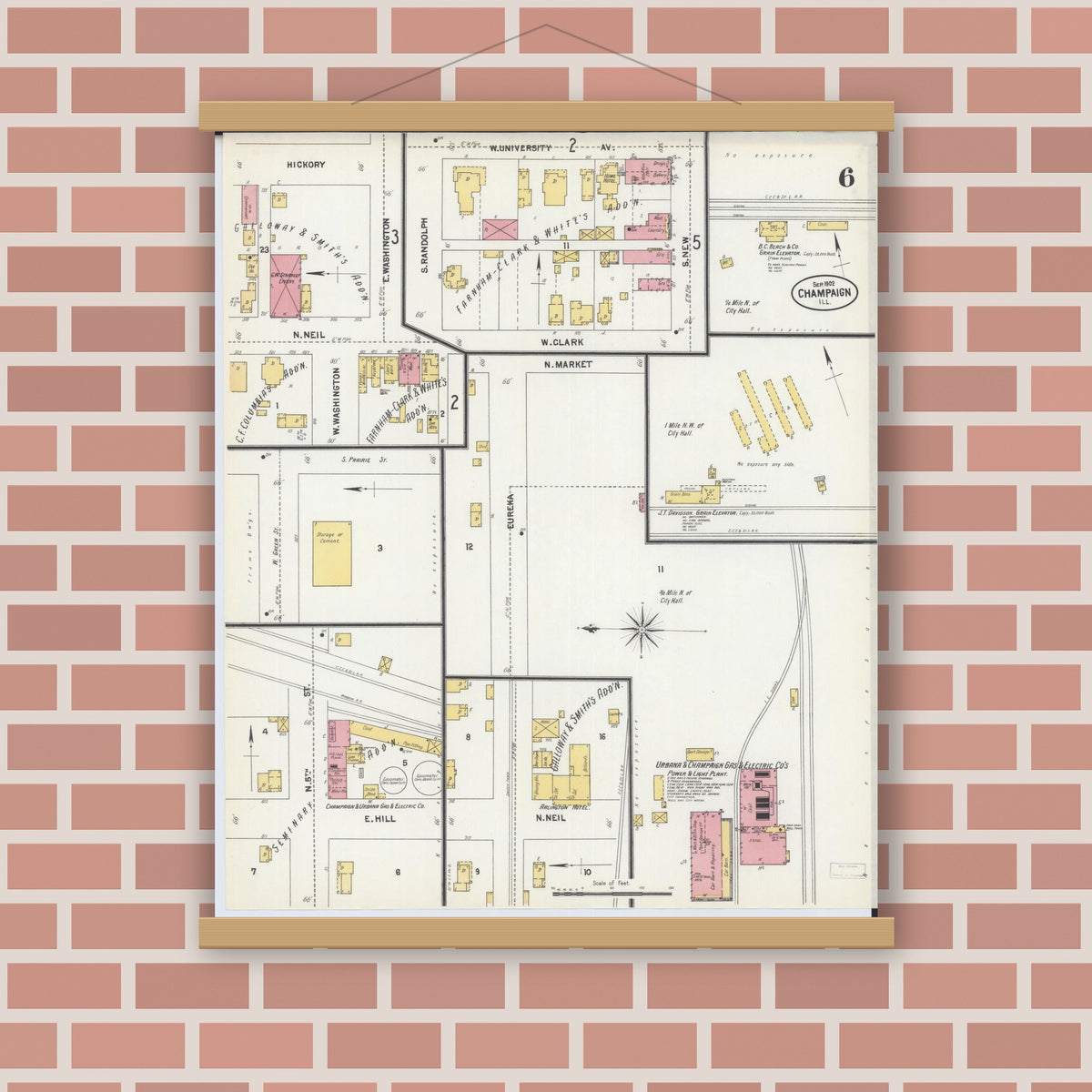 Old map wall art mockup — magnetic wood frame on brick wall — Sanborn Fire Insurance Map from Champaign, Champaign County, Illinois (1902), Sheet #0006