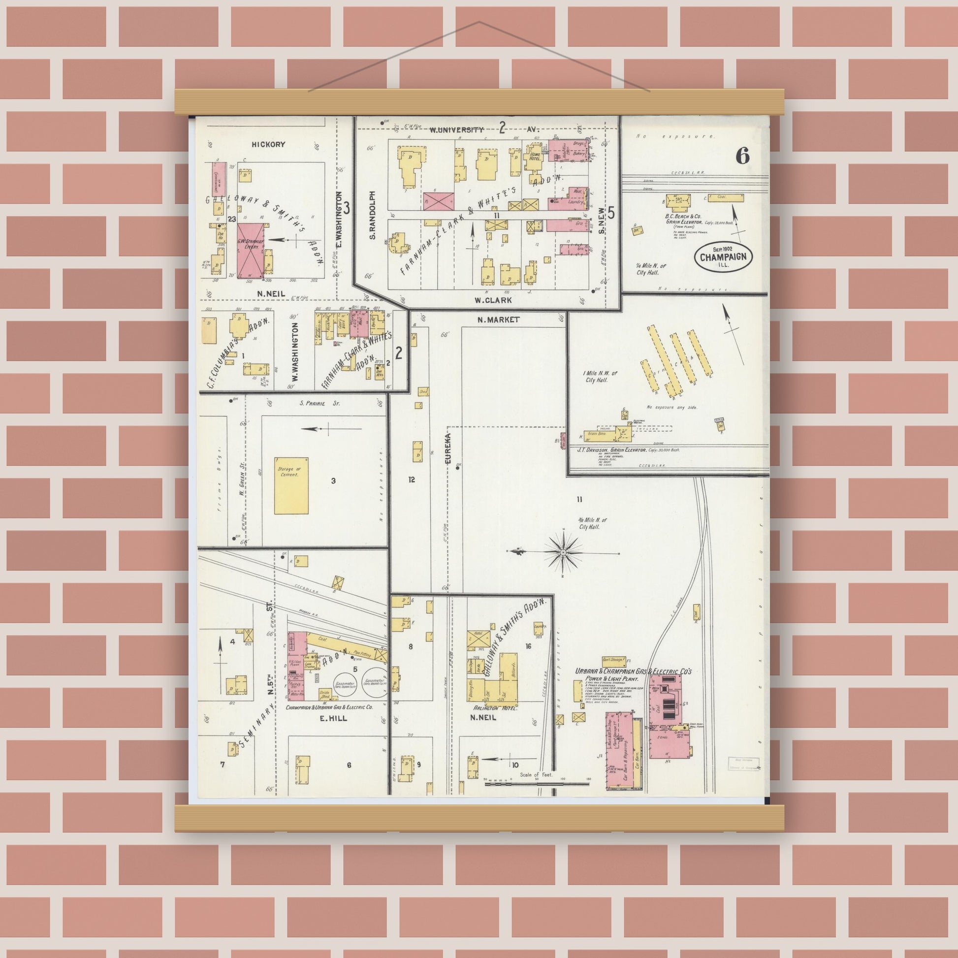 Old map wall art mockup — magnetic wood frame on brick wall — Sanborn Fire Insurance Map from Champaign, Champaign County, Illinois (1902), Sheet #0006