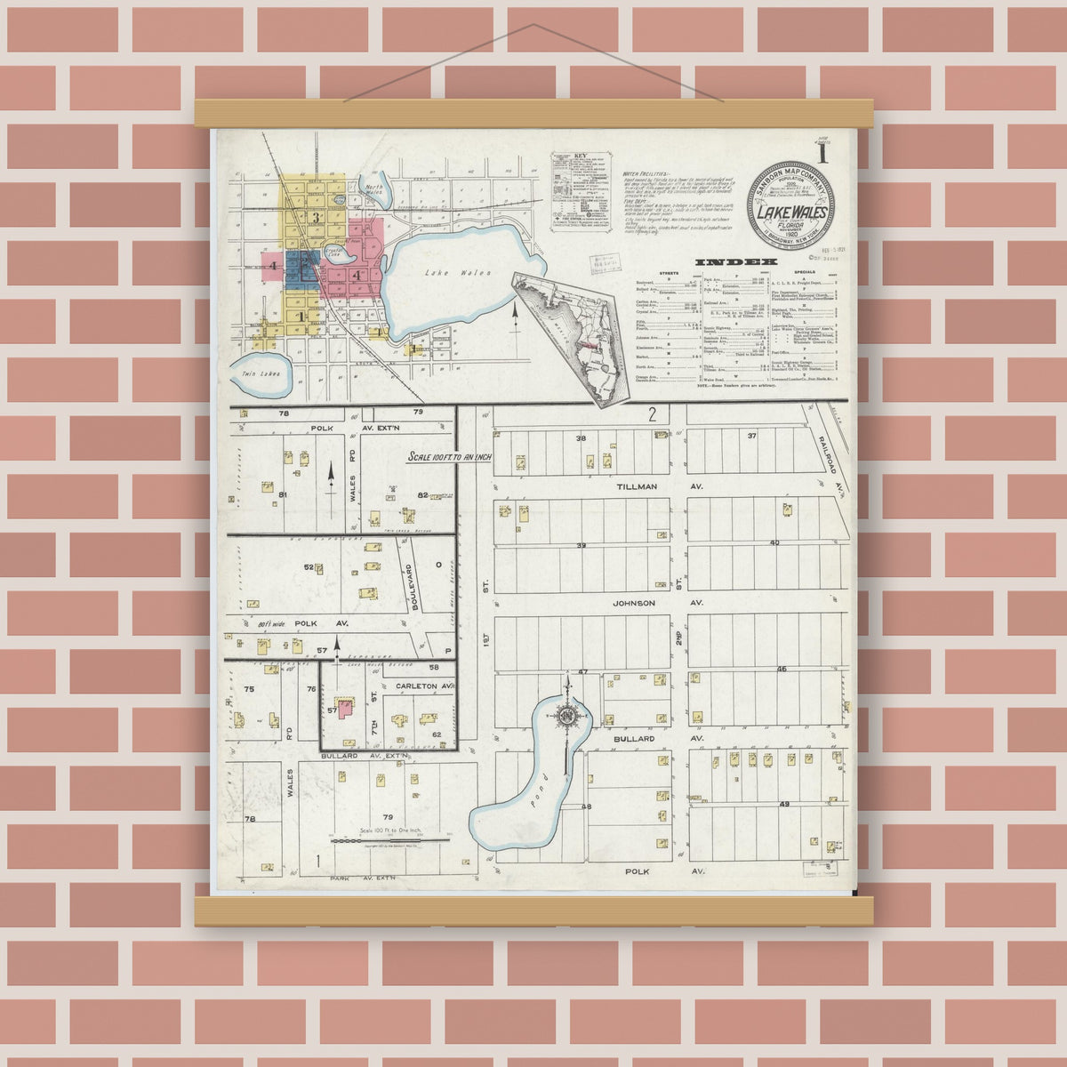 Old map wall art mockup — magnetic wood frame on brick wall — Sanborn Fire Insurance Map from Lake Wales, Polk County, Florida (1920), Sheet #0001