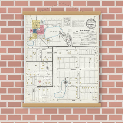 Old map wall art mockup — magnetic wood frame on brick wall — Sanborn Fire Insurance Map from Lake Wales, Polk County, Florida (1920), Sheet #0001