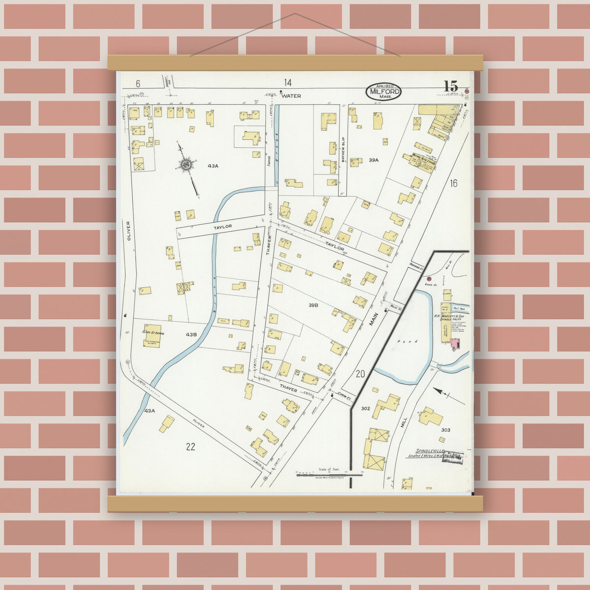 Old map wall art mockup — magnetic wood frame on brick wall — Sanborn Fire Insurance Map from Milford, Worcester County, Massachusetts (1920), Sheet #0015