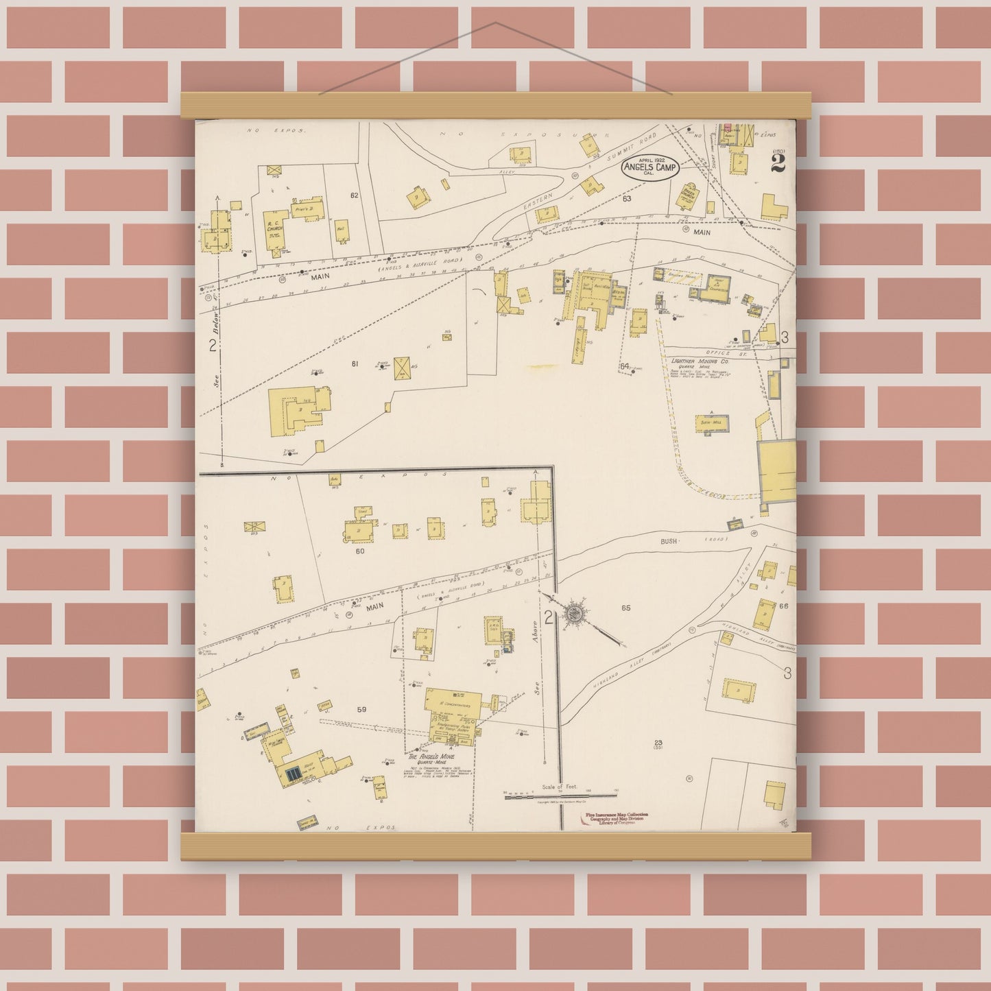 Old map wall art mockup — magnetic wood frame on brick wall — Sanborn Fire Insurance Map from Angels Camp, Calaveras County, California (1922), Sheet #0002
