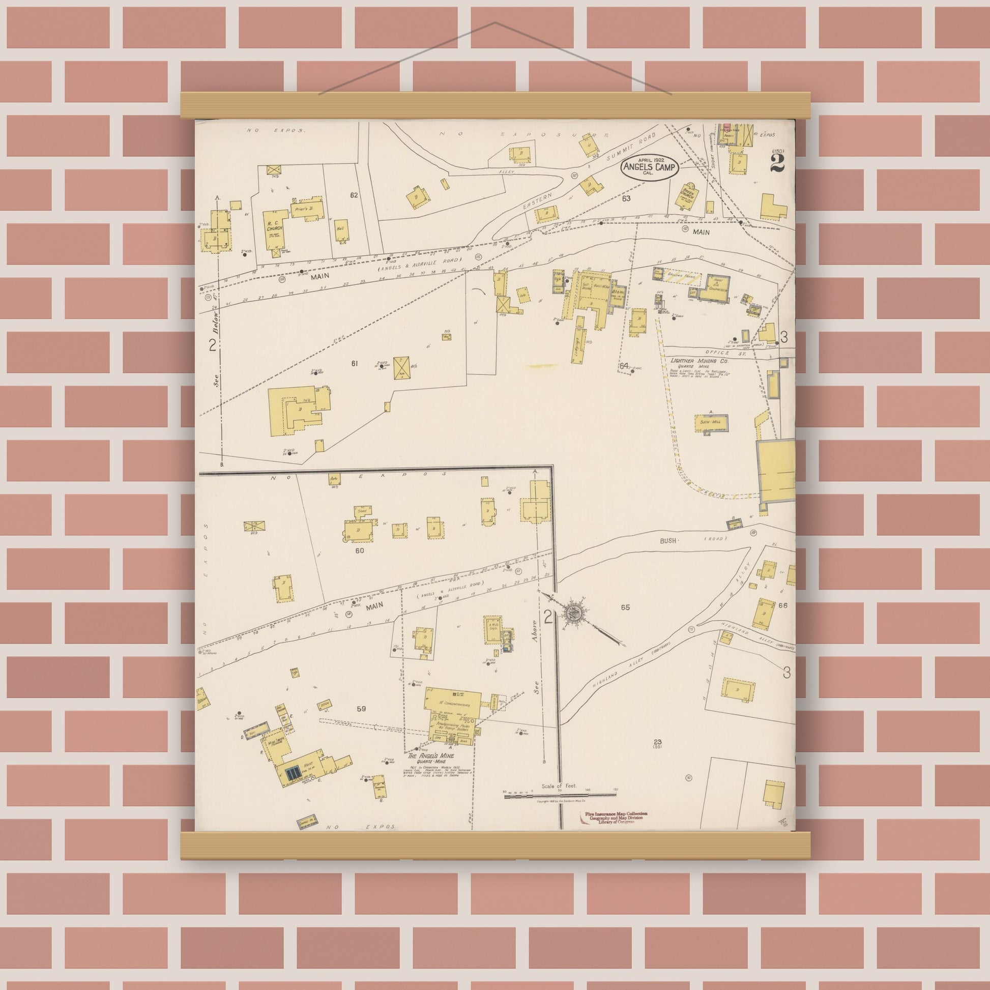 Old map wall art mockup — magnetic wood frame on brick wall — Sanborn Fire Insurance Map from Angels Camp, Calaveras County, California (1922), Sheet #0002