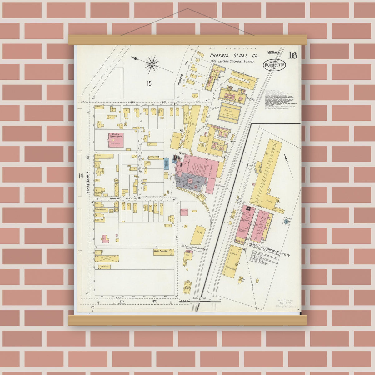Old map wall art mockup — magnetic wood frame on brick wall — Sanborn Fire Insurance Map from Rochester, Beaver County, Pennsylvania (1903), Sheet #0016