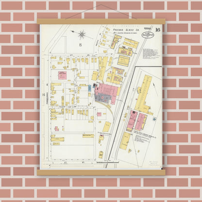 Old map wall art mockup — magnetic wood frame on brick wall — Sanborn Fire Insurance Map from Rochester, Beaver County, Pennsylvania (1903), Sheet #0016