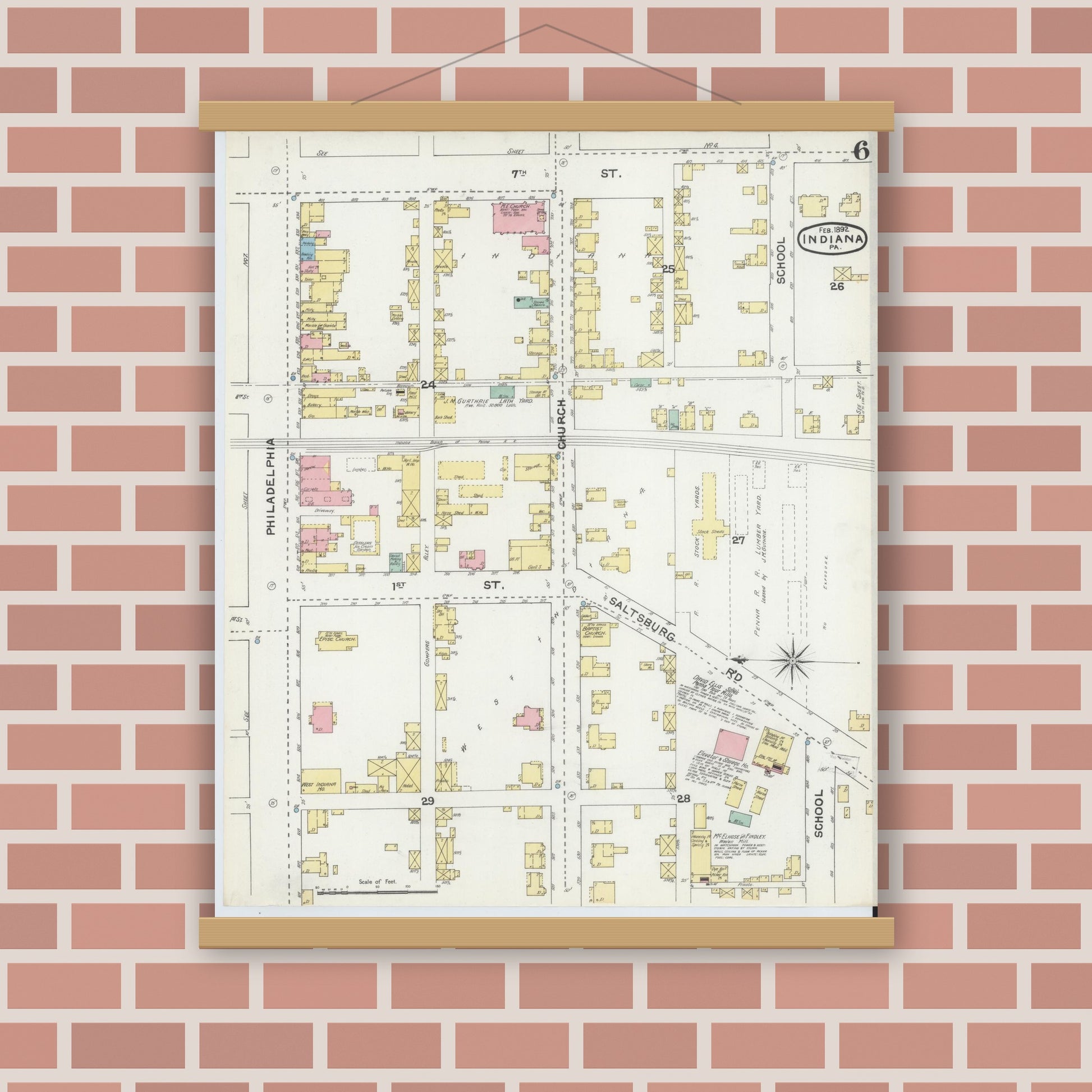 Old map wall art mockup — magnetic wood frame on brick wall — Sanborn Fire Insurance Map from Indiana, Indiana County, Pennsylvania (1892), Sheet #0006