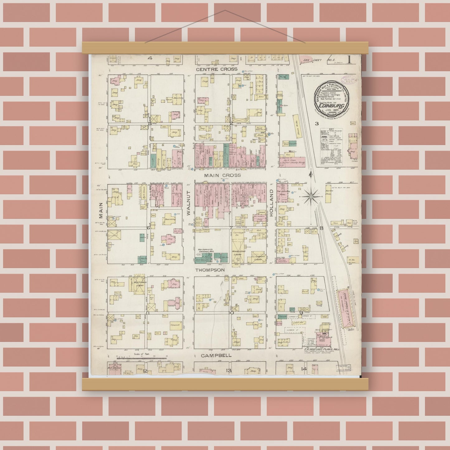 Old map wall art mockup — magnetic wood frame on brick wall — Sanborn Fire Insurance Map from Edinburg, Johnson And Bartholomew Counties, Indiana (1886) - Complete Map Set