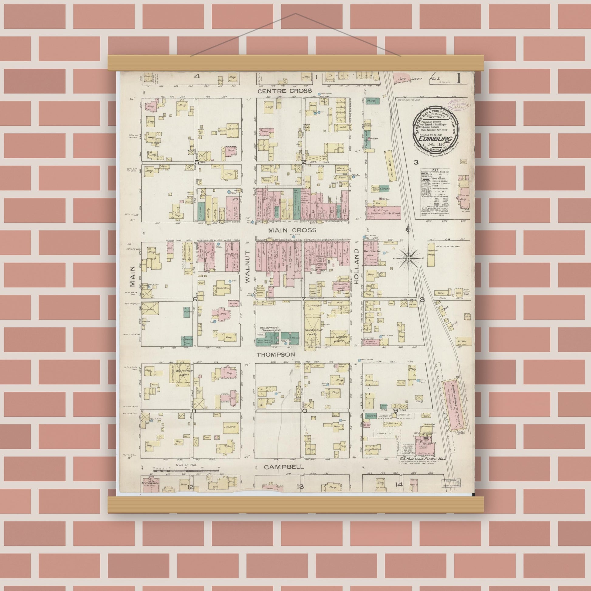 Old map wall art mockup — magnetic wood frame on brick wall — Sanborn Fire Insurance Map from Edinburg, Johnson And Bartholomew Counties, Indiana (1886) - Complete Map Set