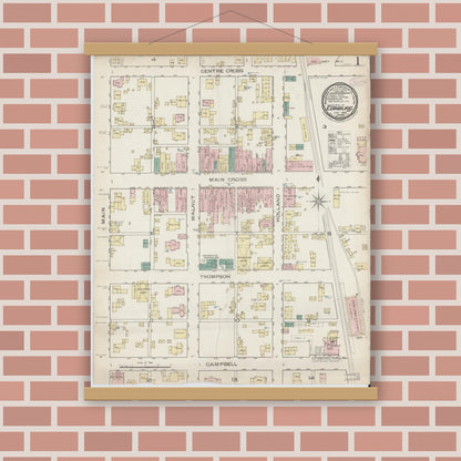 Old map wall art mockup — magnetic wood frame on brick wall — Sanborn Fire Insurance Map from Edinburg, Johnson And Bartholomew Counties, Indiana (1886) - Complete Map Set