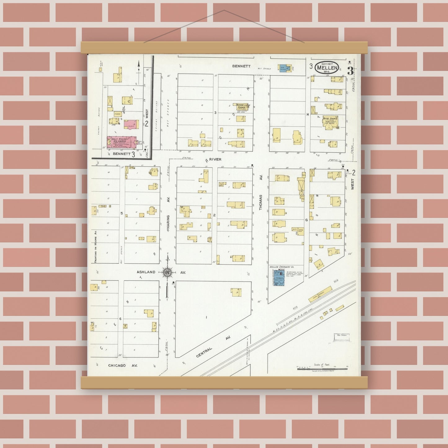 Old map wall art mockup — magnetic wood frame on brick wall — Sanborn Fire Insurance Map from Mellen, Ashland County, Wisconsin (1917), Sheet #0003