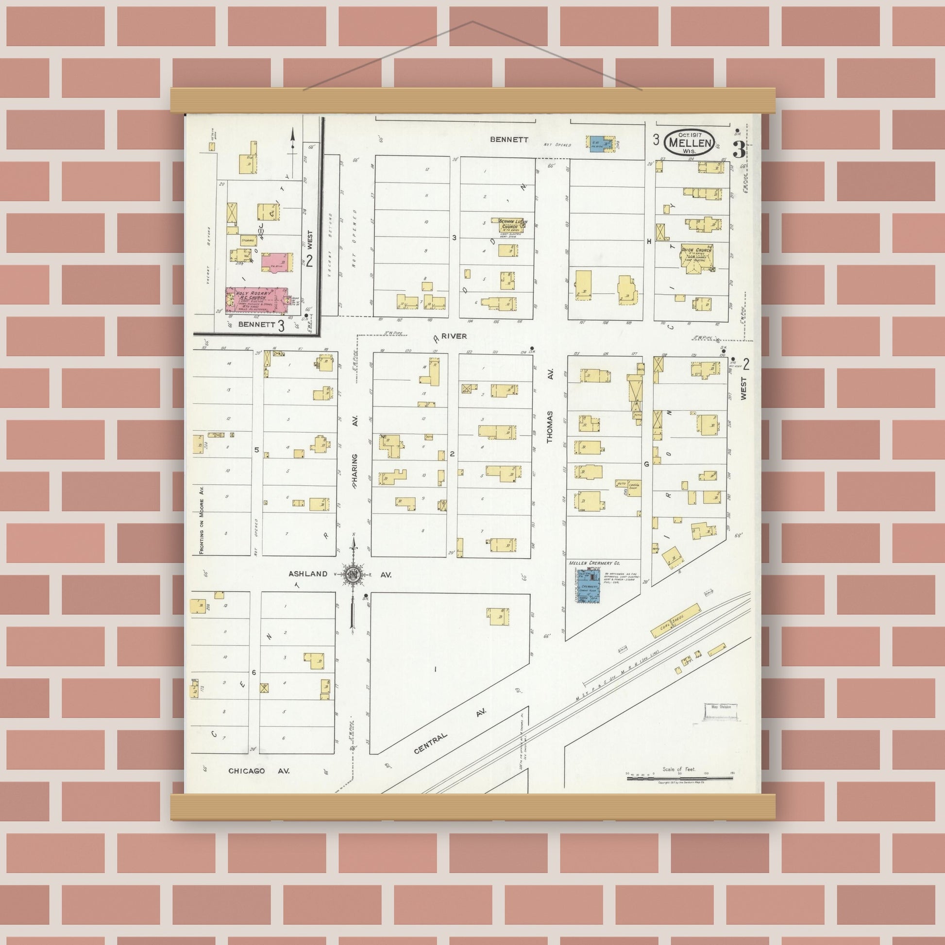 Old map wall art mockup — magnetic wood frame on brick wall — Sanborn Fire Insurance Map from Mellen, Ashland County, Wisconsin (1917), Sheet #0003