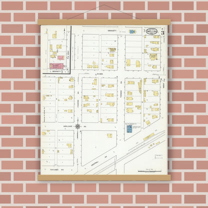Old map wall art mockup — magnetic wood frame on brick wall — Sanborn Fire Insurance Map from Mellen, Ashland County, Wisconsin (1917), Sheet #0003