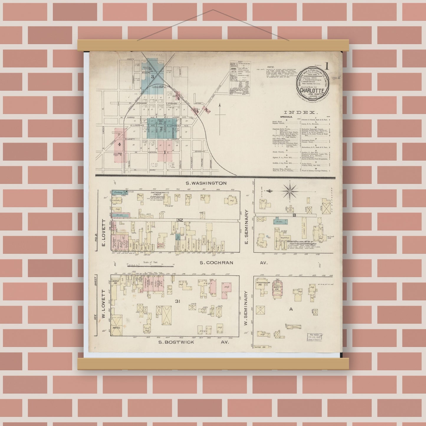 Old map wall art mockup — magnetic wood frame on brick wall — Sanborn Fire Insurance Map from Charlotte, Eaton County, Michigan (1886) - Complete Map Set