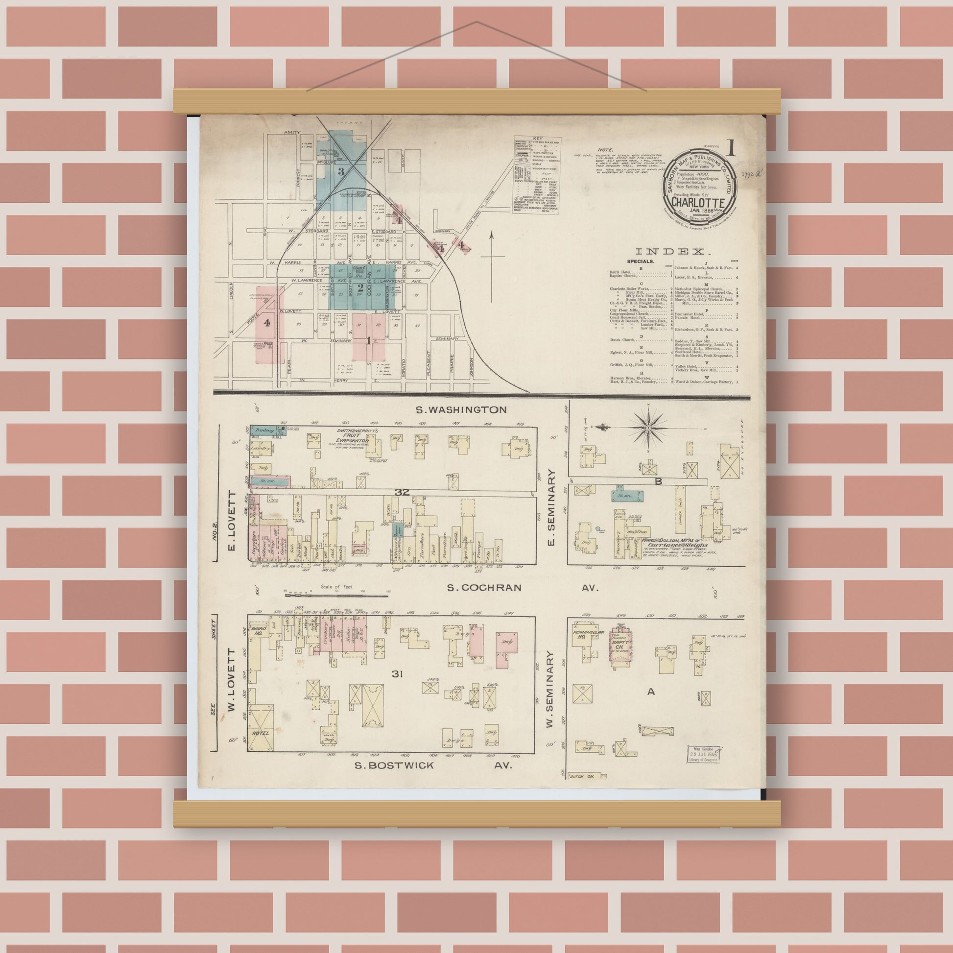 Old map wall art mockup — magnetic wood frame on brick wall — Sanborn Fire Insurance Map from Charlotte, Eaton County, Michigan (1886) - Complete Map Set