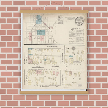 Old map wall art mockup — magnetic wood frame on brick wall — Sanborn Fire Insurance Map from Charlotte, Eaton County, Michigan (1886) - Complete Map Set