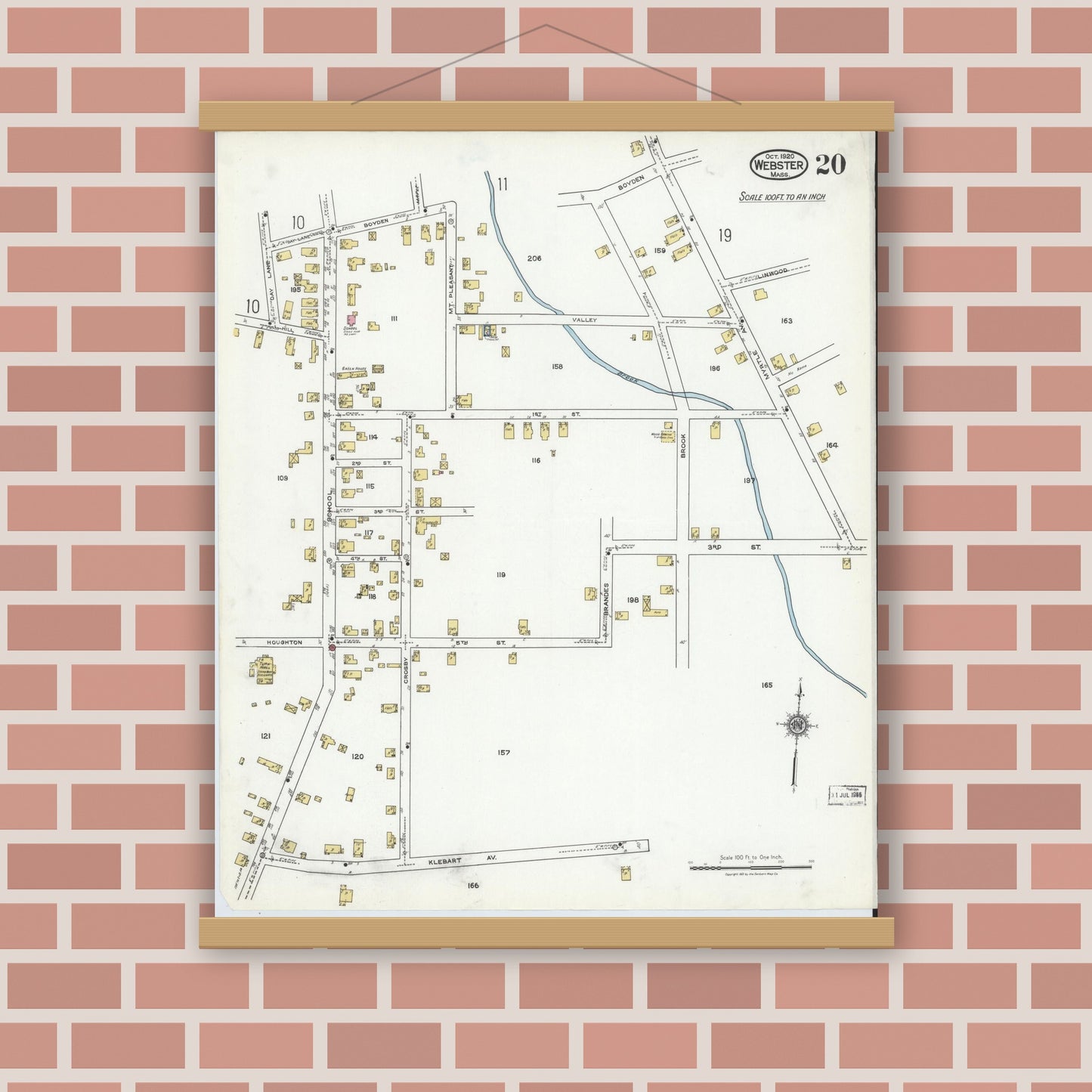 Old map wall art mockup — magnetic wood frame on brick wall — Sanborn Fire Insurance Map from Webster, Worcester County, Massachusetts (1920), Sheet #0020