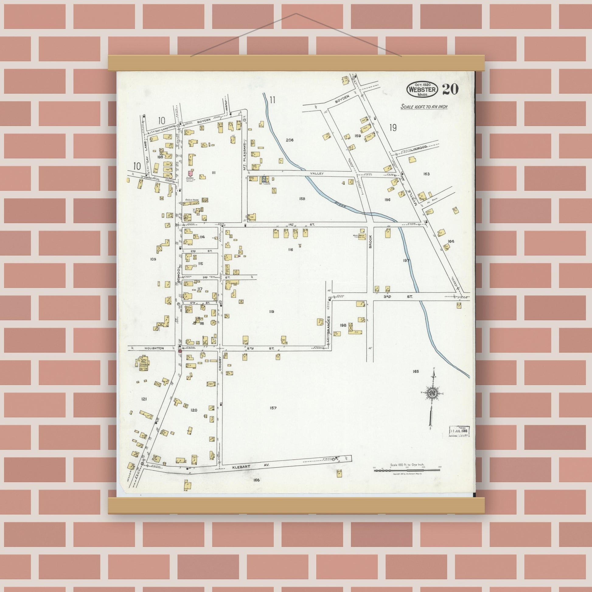 Old map wall art mockup — magnetic wood frame on brick wall — Sanborn Fire Insurance Map from Webster, Worcester County, Massachusetts (1920), Sheet #0020
