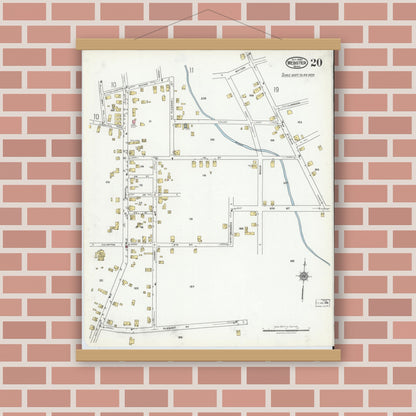 Old map wall art mockup — magnetic wood frame on brick wall — Sanborn Fire Insurance Map from Webster, Worcester County, Massachusetts (1920), Sheet #0020