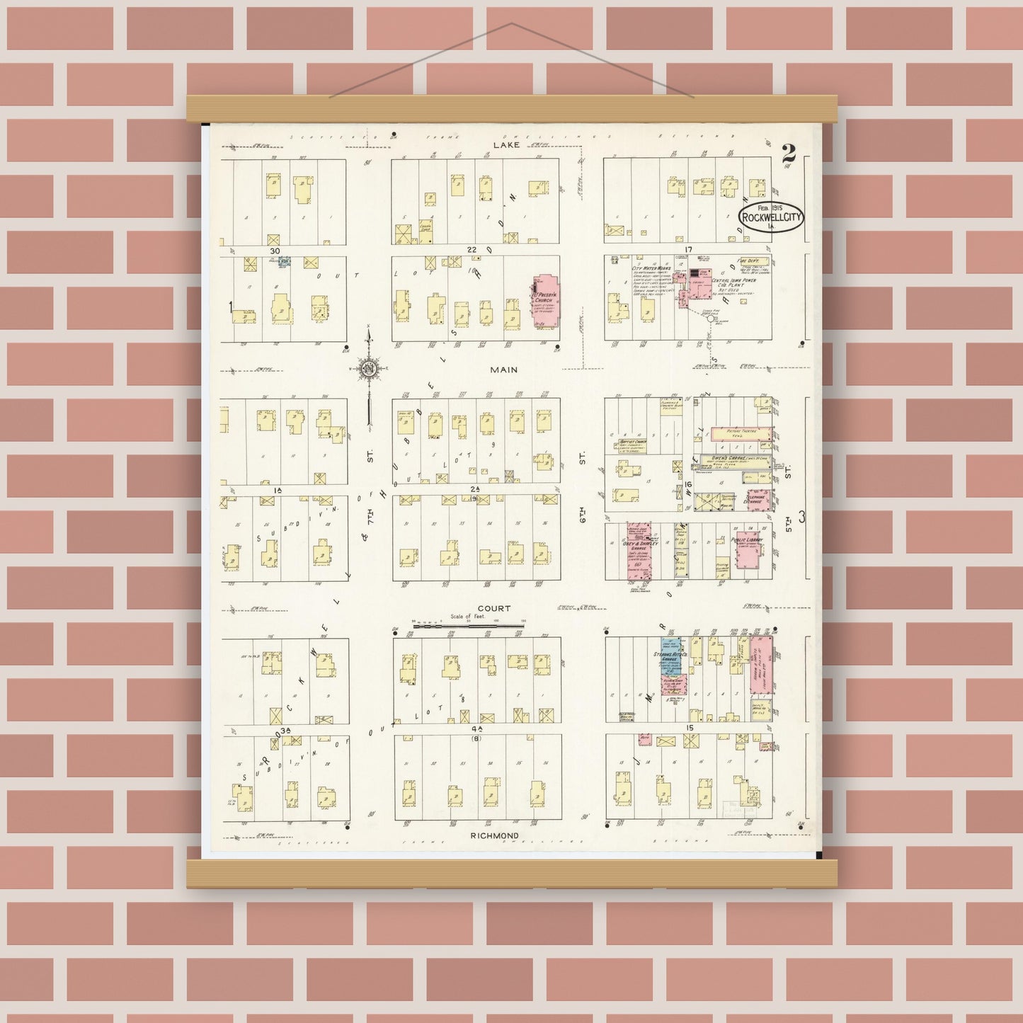Old map wall art mockup — magnetic wood frame on brick wall — Sanborn Fire Insurance Map from Rockwell City, Calhoun County, Iowa (1915), Sheet #0002