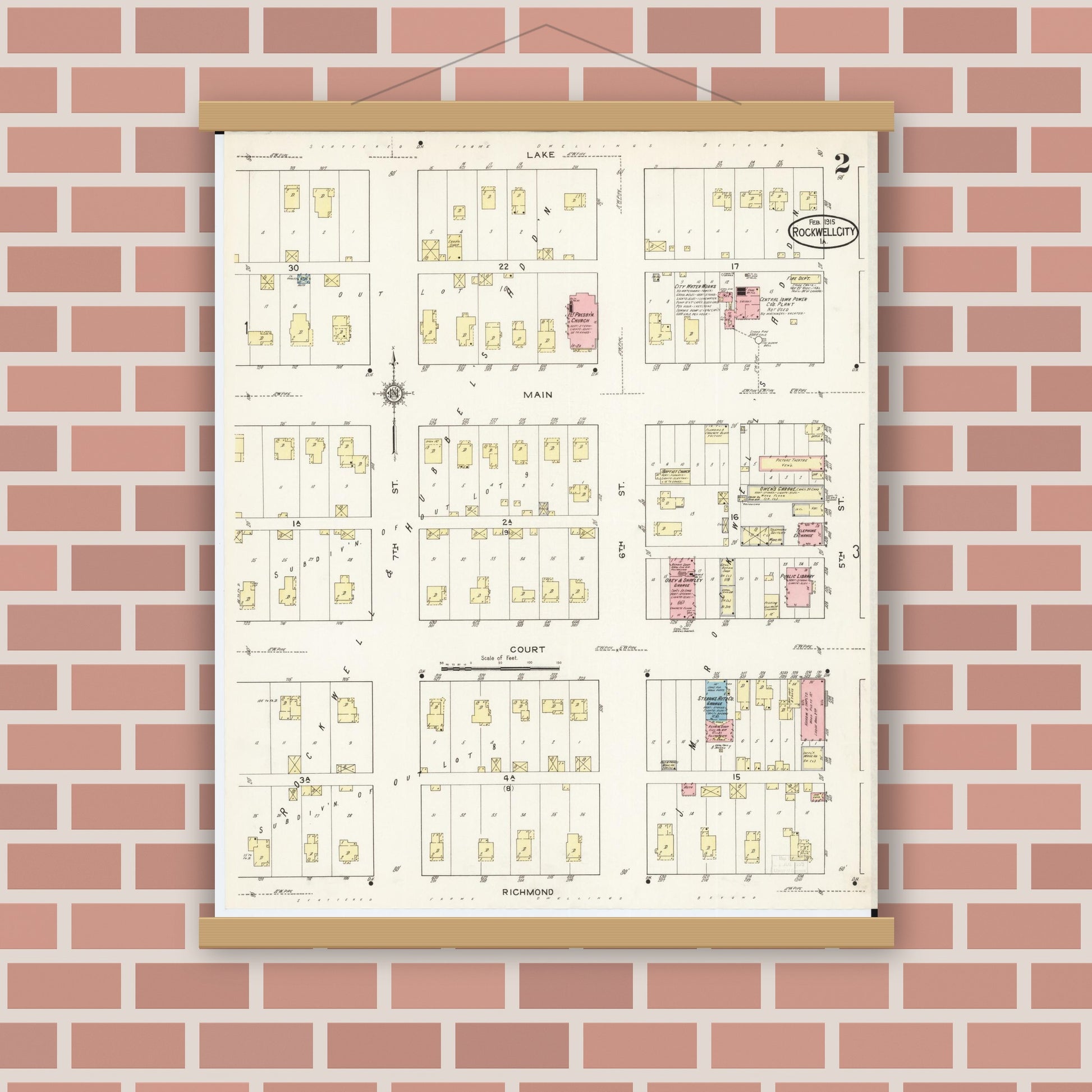 Old map wall art mockup — magnetic wood frame on brick wall — Sanborn Fire Insurance Map from Rockwell City, Calhoun County, Iowa (1915), Sheet #0002