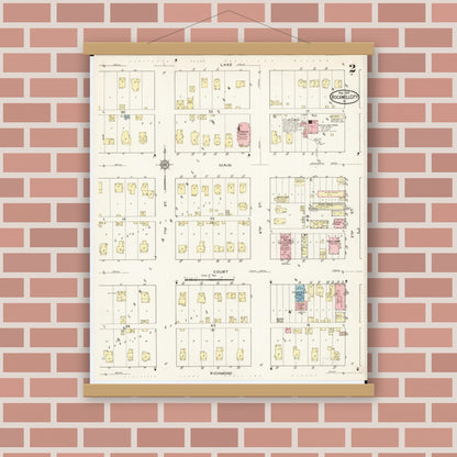 Old map wall art mockup — magnetic wood frame on brick wall — Sanborn Fire Insurance Map from Rockwell City, Calhoun County, Iowa (1915), Sheet #0002
