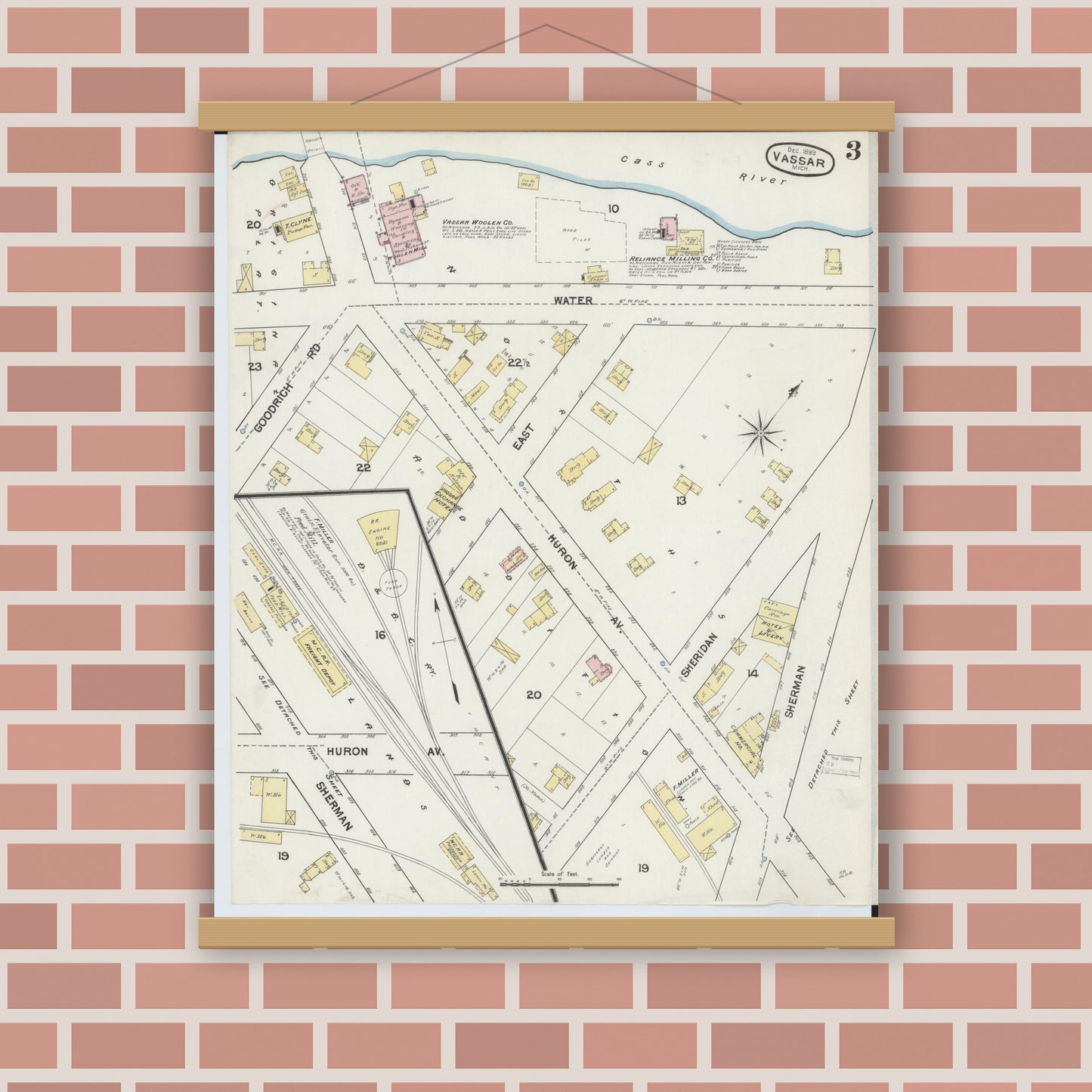 Old map wall art mockup — magnetic wood frame on brick wall — Sanborn Fire Insurance Map from Vassar, Tuscola County, Michigan (1889), Sheet #0003
