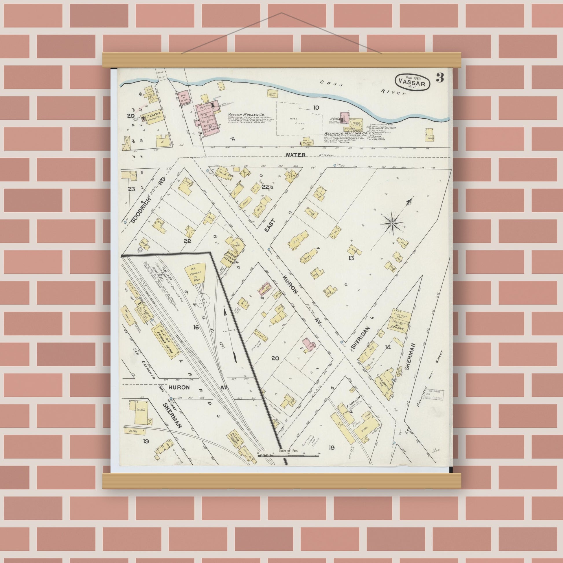Old map wall art mockup — magnetic wood frame on brick wall — Sanborn Fire Insurance Map from Vassar, Tuscola County, Michigan (1889), Sheet #0003