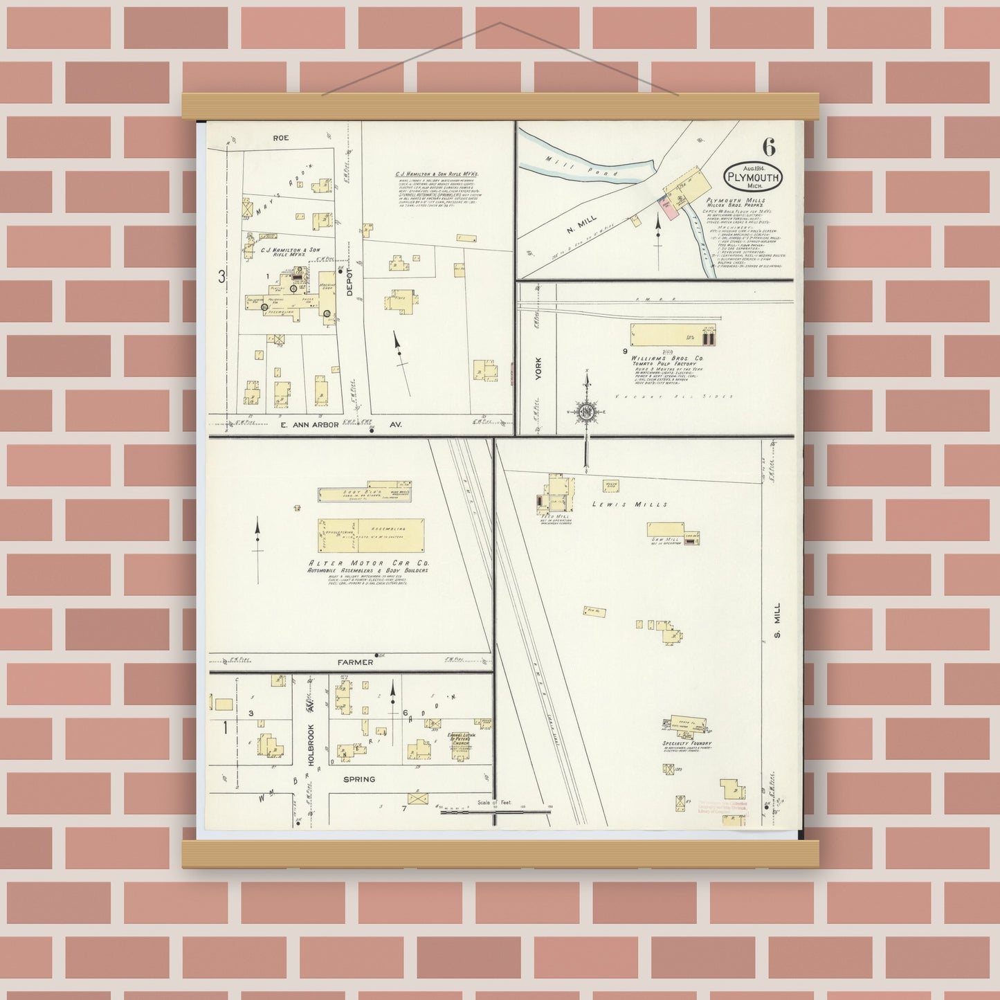 Old map wall art mockup — magnetic wood frame on brick wall — Sanborn Fire Insurance Map from Plymouth, Wayne County, Michigan (1914), Sheet #0006
