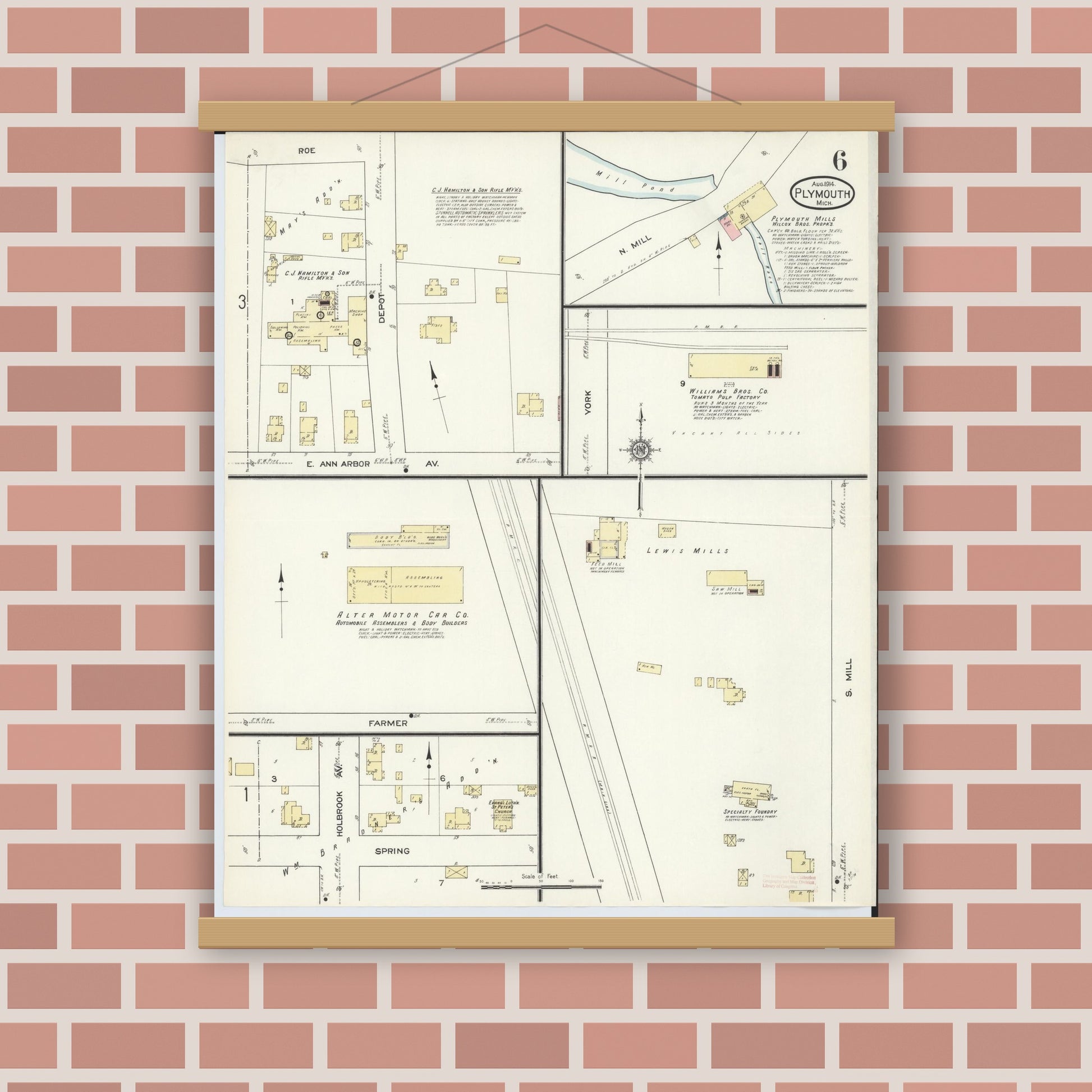 Old map wall art mockup — magnetic wood frame on brick wall — Sanborn Fire Insurance Map from Plymouth, Wayne County, Michigan (1914), Sheet #0006