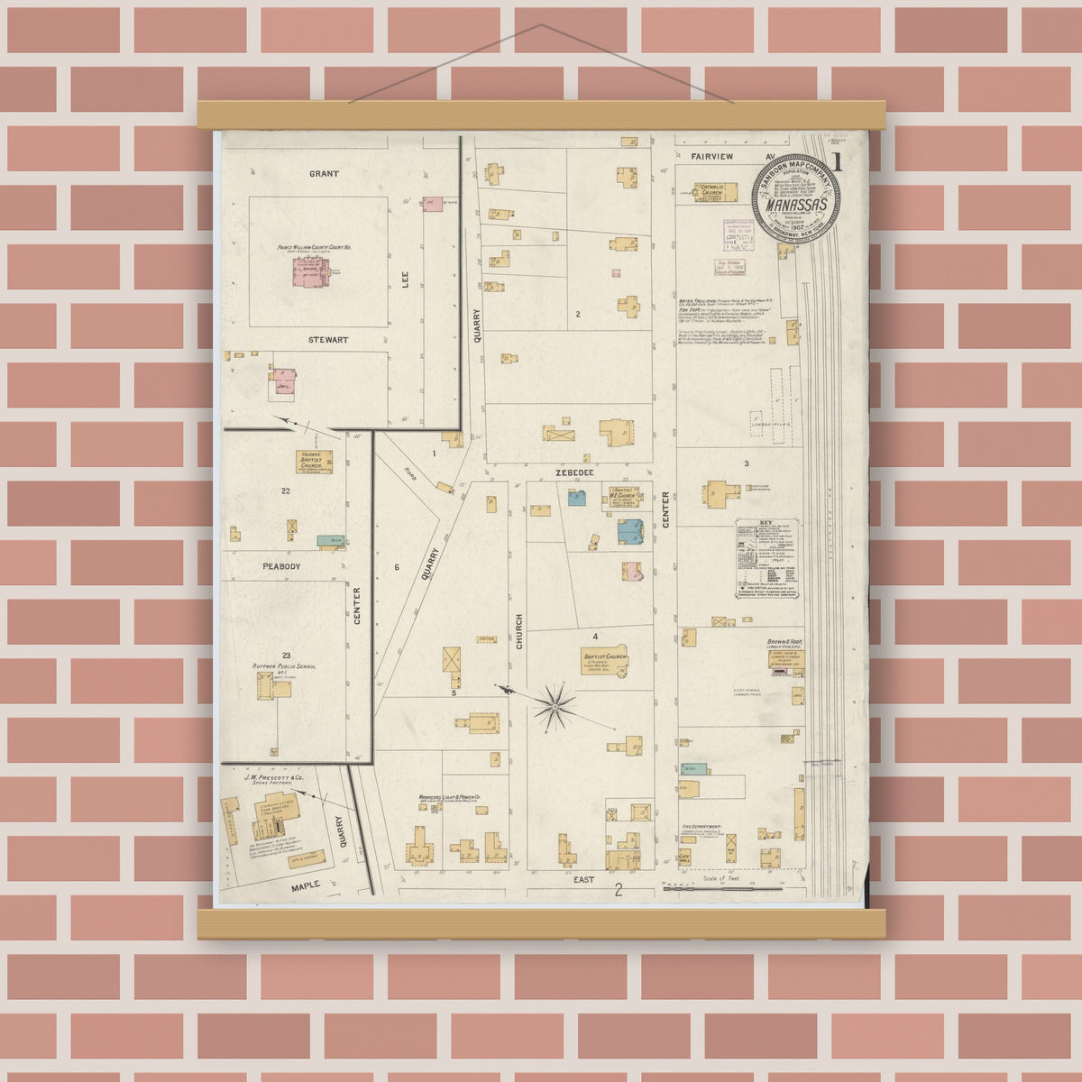 Old map wall art mockup — magnetic wood frame on brick wall — Sanborn Fire Insurance Map from Manassas, Independent Cities, Virginia (1907) - Complete Map Set