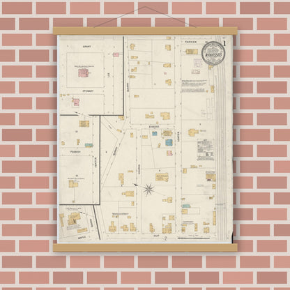 Old map wall art mockup — magnetic wood frame on brick wall — Sanborn Fire Insurance Map from Manassas, Independent Cities, Virginia (1907) - Complete Map Set
