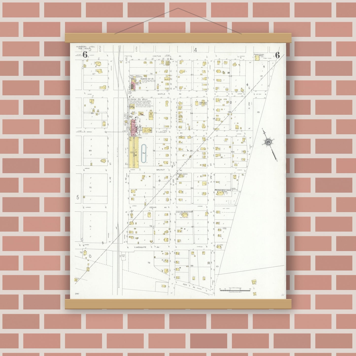 Old map wall art mockup — magnetic wood frame on brick wall — Sanborn Fire Insurance Map from Hubbard, Hill County, Texas (1935), Sheet #0006